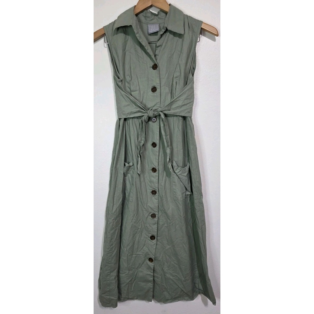 Rabbit Designs Green Midi Dress 8 Cotton USA Tie Front Cottage Vintage Button